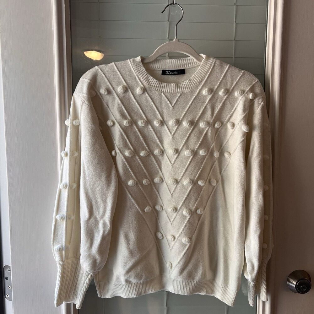 Simplee Women’s Sweater XL Bobbles Puff‎ Sleeves Ivory